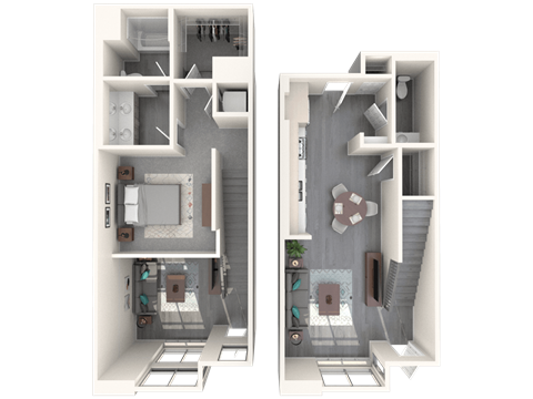 Floor plan for 1 bed, 1.5 baths, 996 sqft